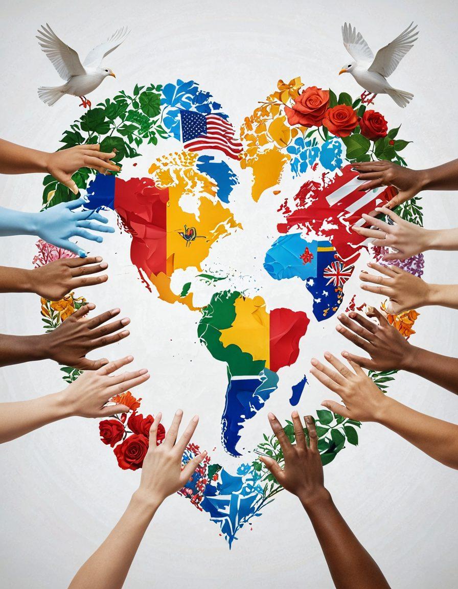 A heart shaped world map symbolizing love and connection across cultures, intertwined hands of diverse individuals clasping each other, with elements like roses, doves, and flags from various countries in the background. The scene is vibrant, exuding warmth and unity, blending colors that represent different nations. super-realistic. vibrant colors. white background.