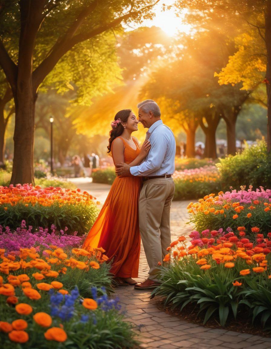 A heartwarming scene of diverse people from different cultures sharing moments of joy, laughter, and connection in a vibrant park setting. Colorful flowers bloom around them, symbolizing love and devotion, while a warm sunset bathes the scene in golden light. Their expressions convey unity and harmony, emphasizing togetherness in a connected world. super-realistic. vibrant colors. warm tones.