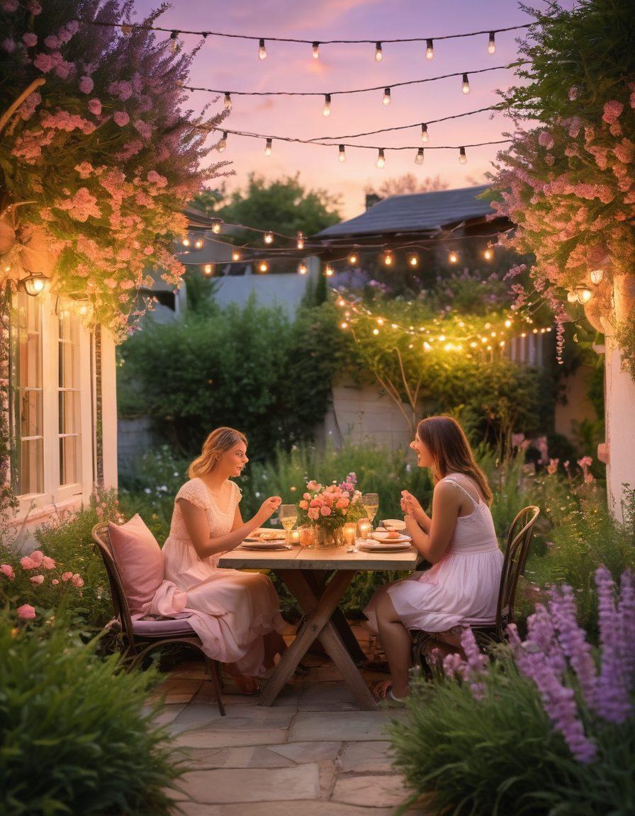 A warm and inviting scene of diverse couples sharing affectionate moments in a lush garden, surrounded by blooming flowers and soft, glowing fairy lights. Incorporate elements of compassion, such as a group of friends sharing a meal, and a family embracing. The sky is painted in a gentle sunset hue, symbolizing love and togetherness. super-realistic. vibrant colors. soft focus.